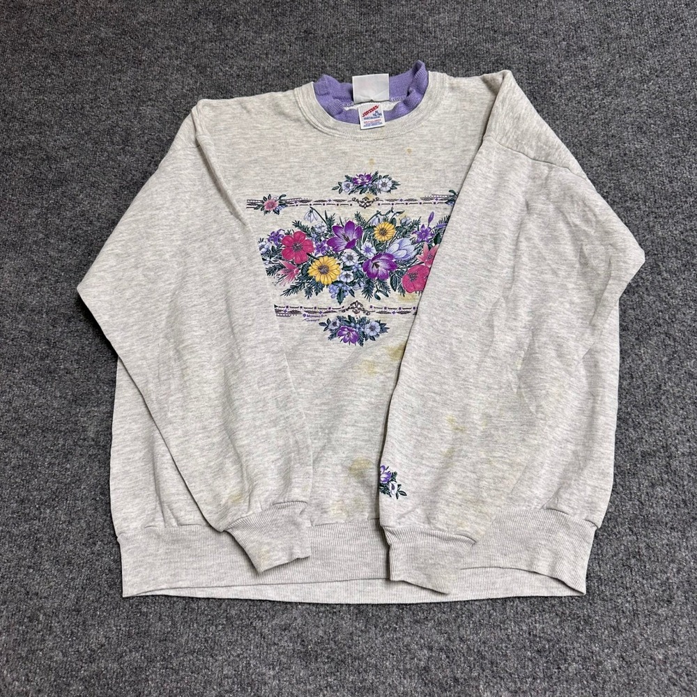 Morning Sun Sweatshirt Womens Size XL Gray Floral Vintage Double Collar USA Made